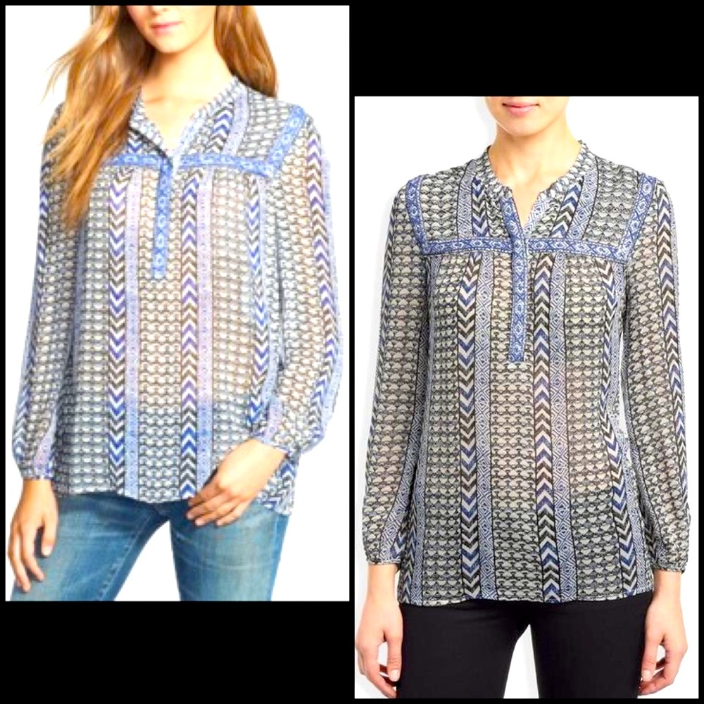 Lucky Brand Beaded Aztec Southwest Blouse Top